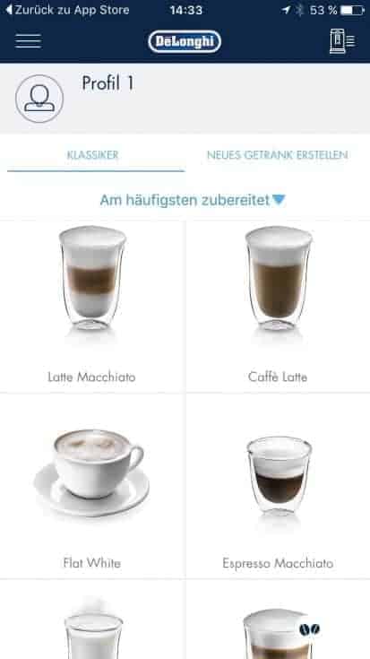 Delonghi Coffee Link APP Drinks