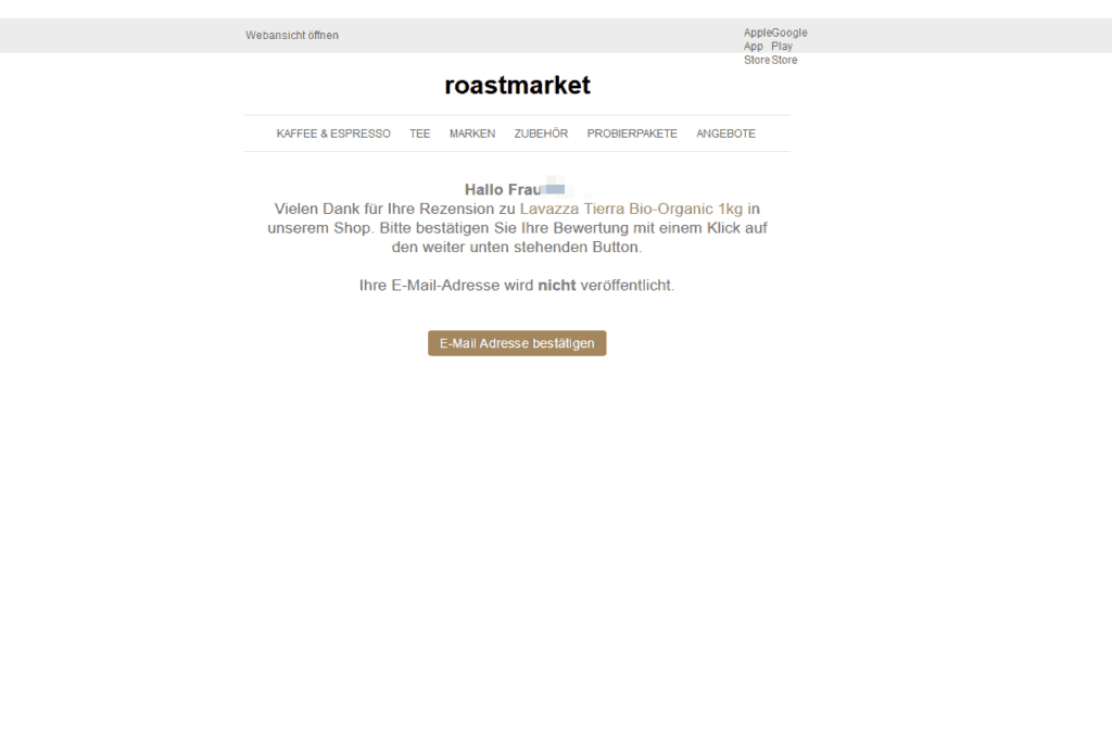 Roastmarket Bewertungen Bestaetigungsmail