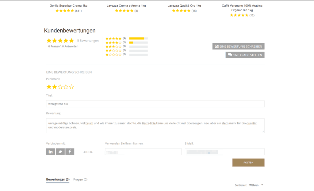 Roastmarket Bewertung Eingabe