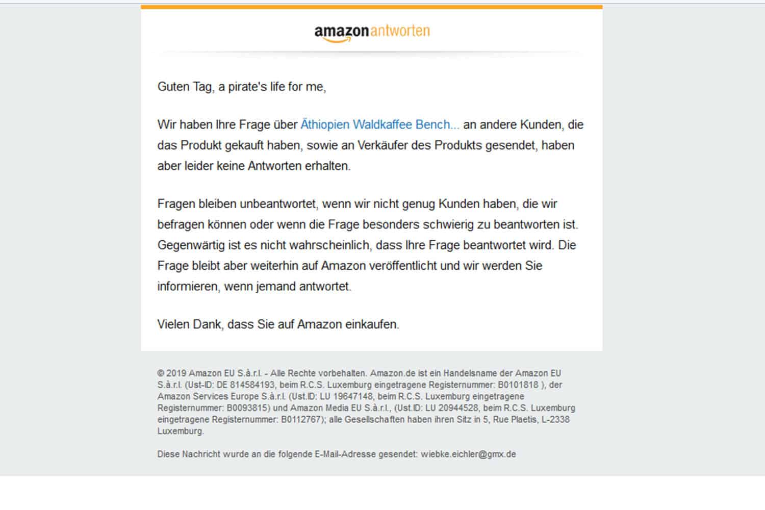 Kaffeemarktplatz Test Amazon Support Antwortmail