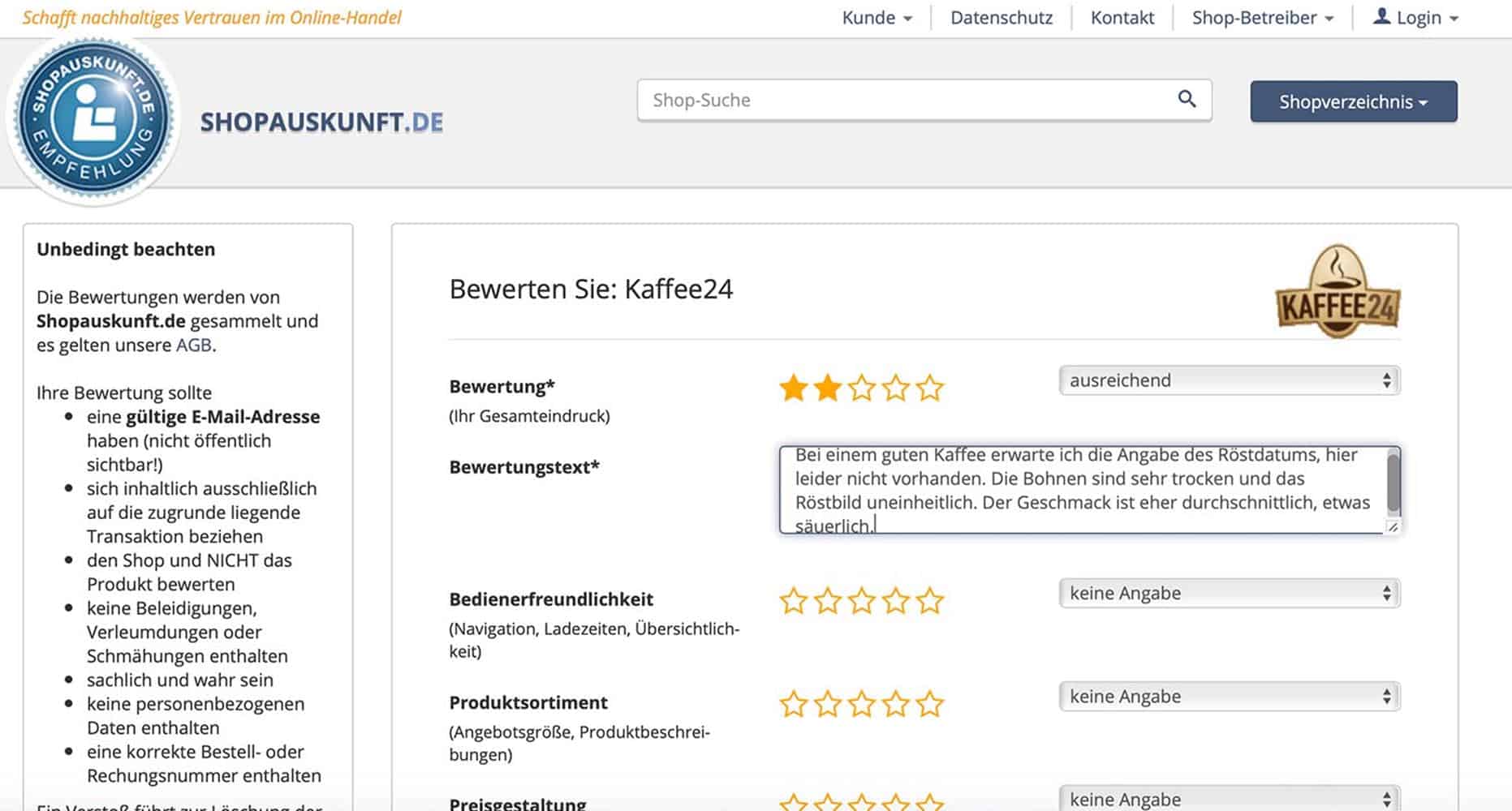 Kaffeemarktplatz Test Kaffee24 Bewertung Trusted Shop Formular