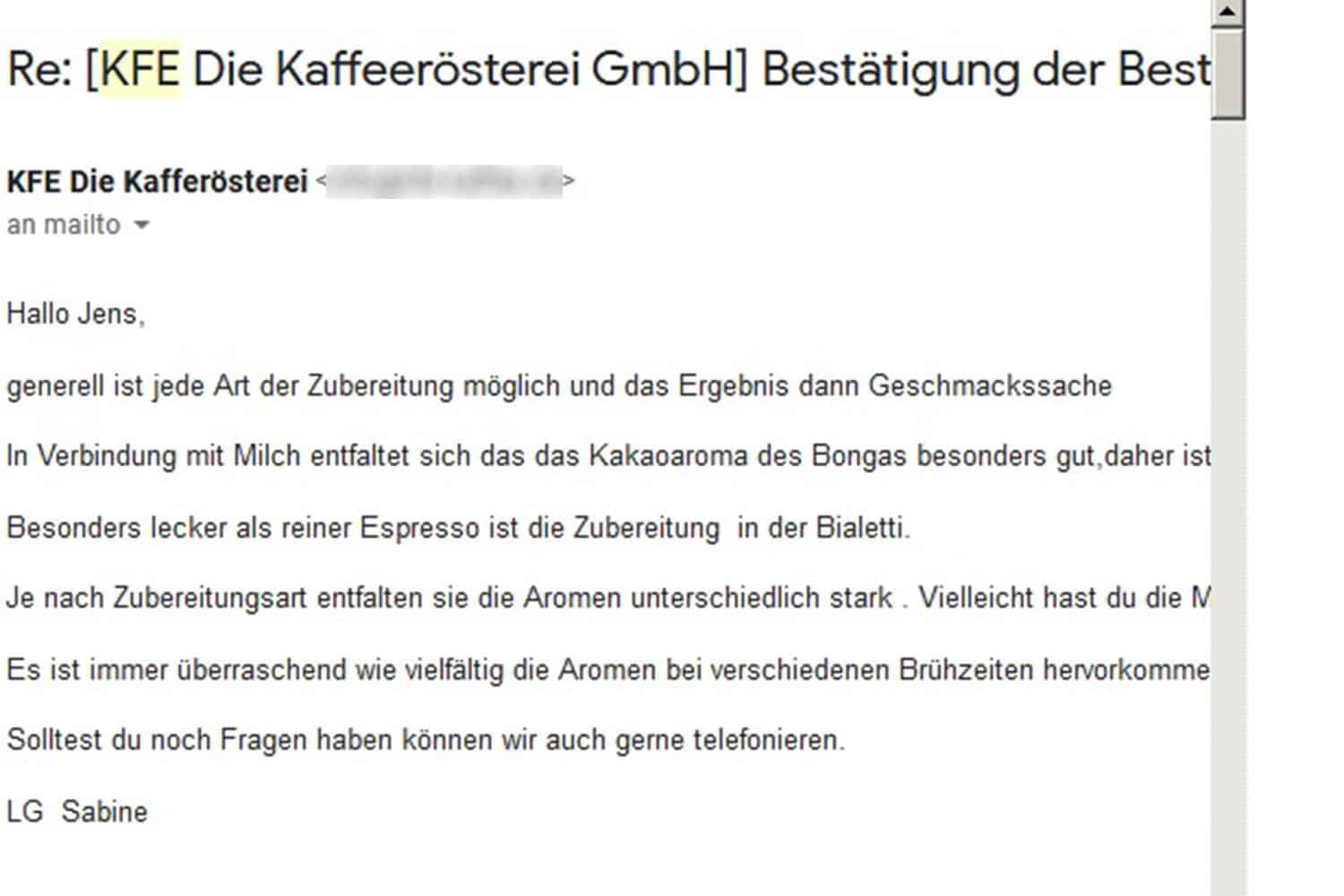 Kaffeemarktplatz Test Kaffee24 Spezialitaetenkaffee eigener Shop Support Antwortmail