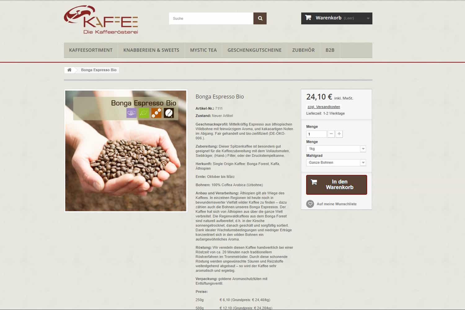 Kaffeemarktplatz Test Kaffee24 Spezialitaetenkaffee Produktseite eigener Shop