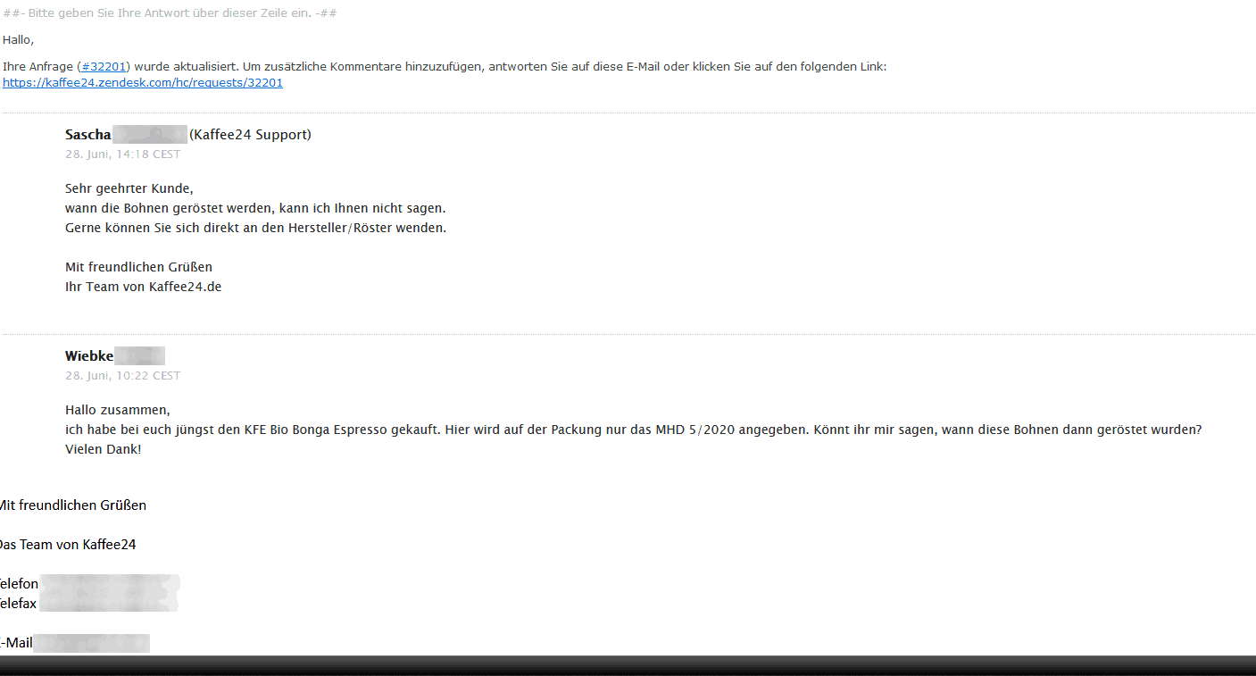 Kaffeemarktplatz Test Kaffee24 Support Antwortmail