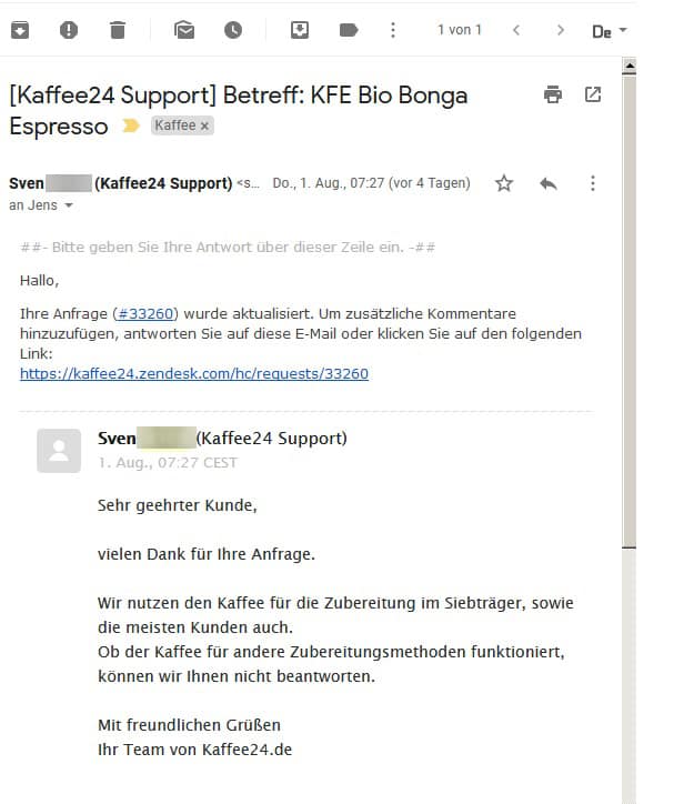 Kaffeemarktplatz Test Kaffee24 Support Antwortmail