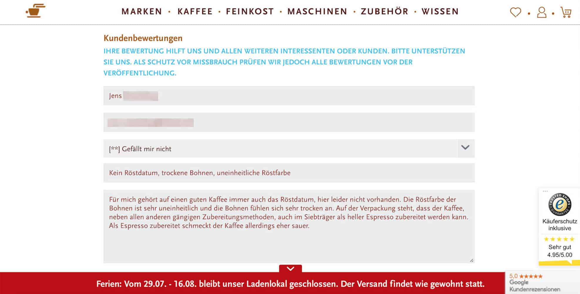 Kaffeemarktplatz Test Kaffeezentrale Bewertung Solino Eingabe