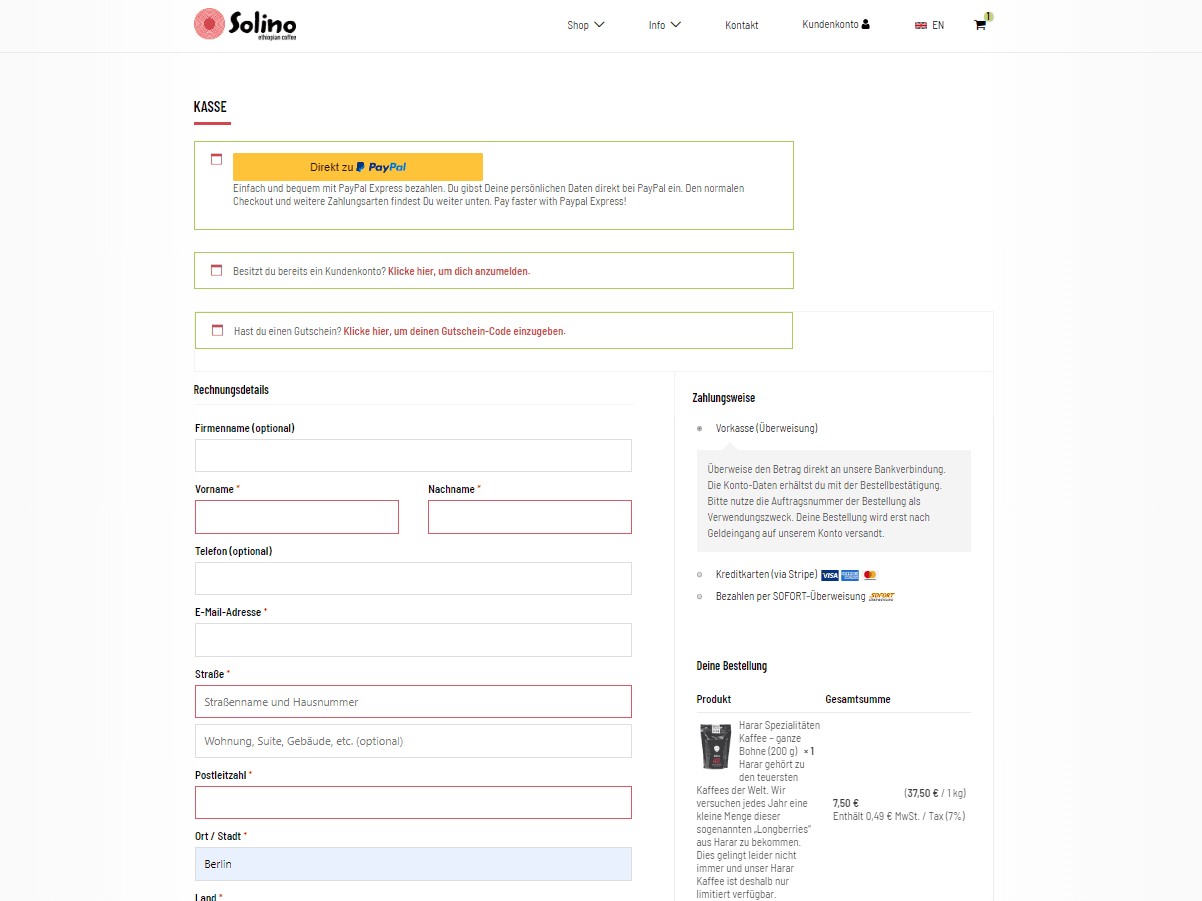 Kaffeemarktplatz Test Kaffeezentrale Spezialitaetenkaffee eigener Shop Checkout
