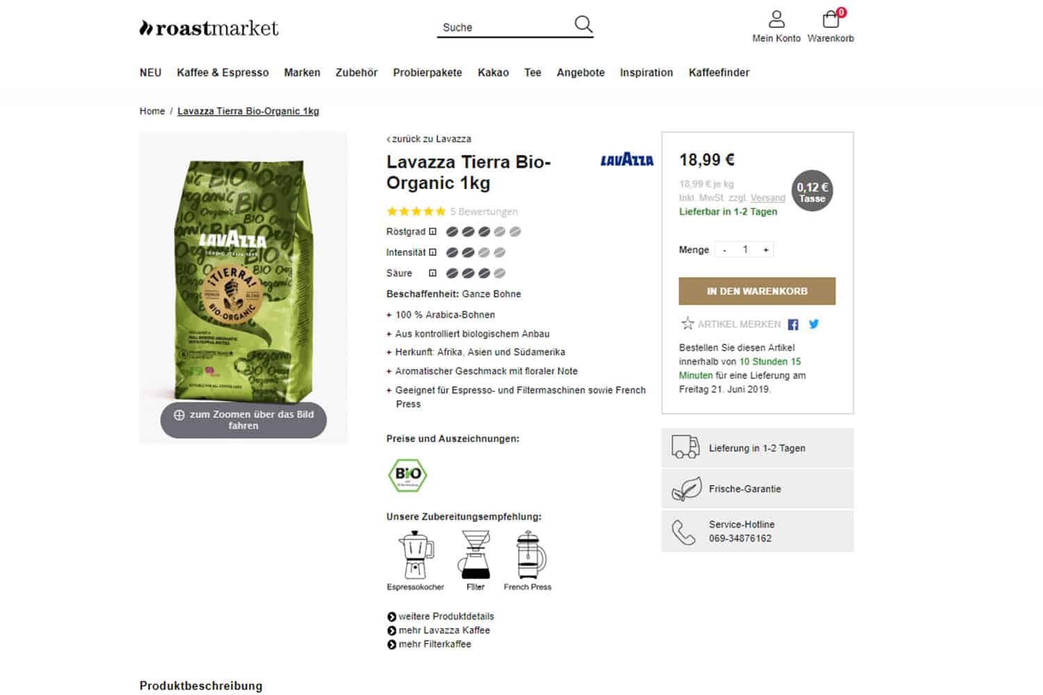 Kaffeemarktplatz Test Roastmarket Standardkaffee Produktseite