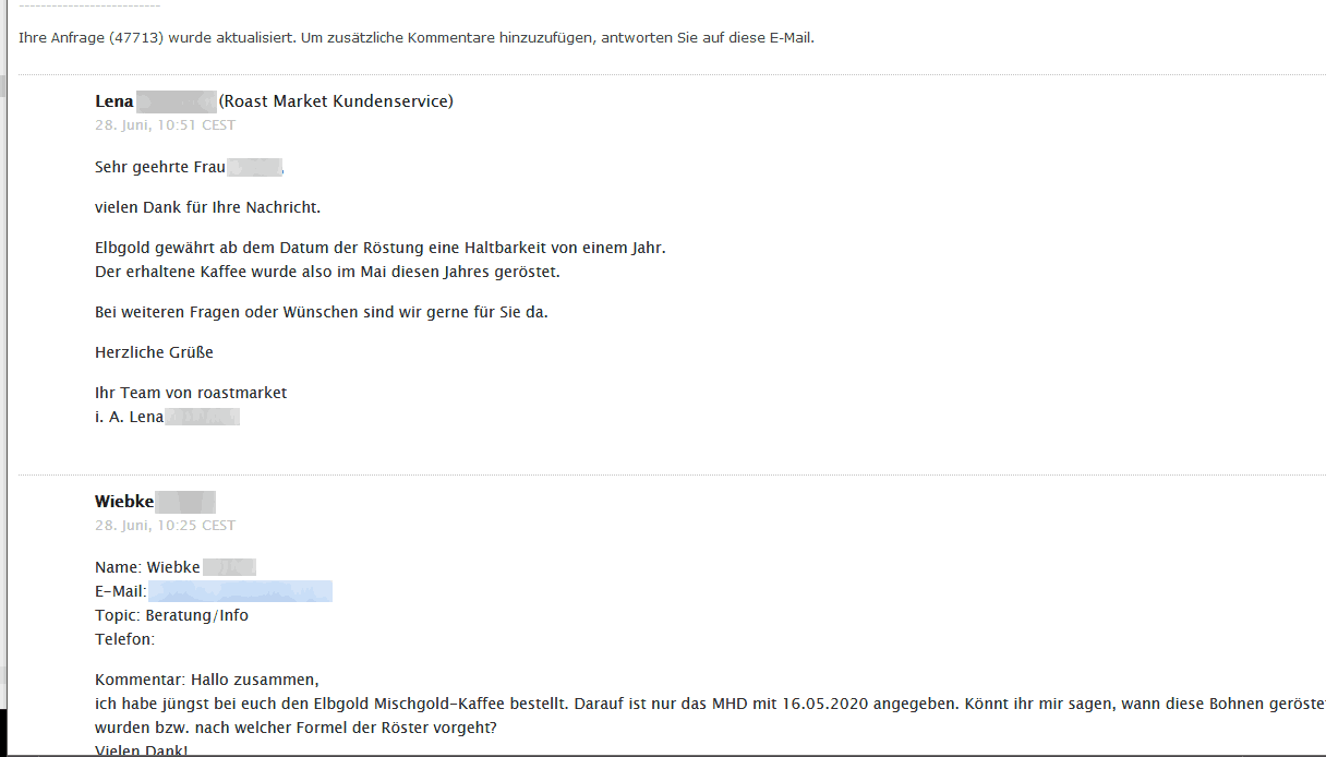 Kaffeemarktplatz Test Roastmarket Support Antwortmail
