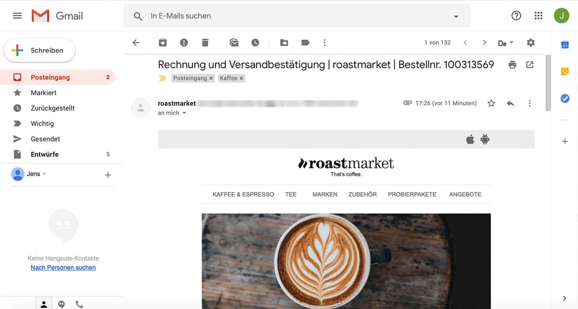 Kaffeemarktplatz Test Roastmarket Versandbestaetigung