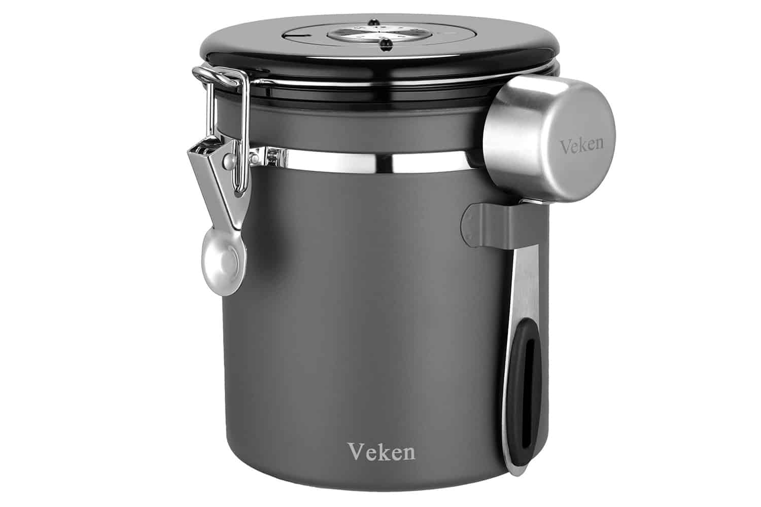 Coffee Gator Stainless Steel Coffee Storage Canister with Date-Tracker,  CO2-Release Valve and Measuring Scoop, Large, Black