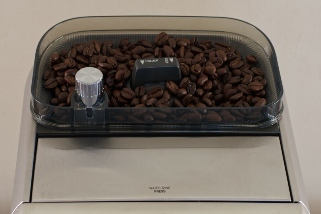 Hopper full of Fresh Coffee Beans.