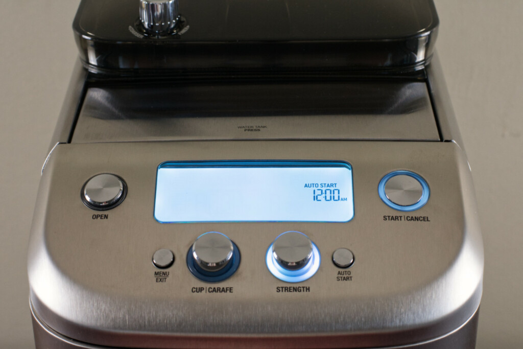 The LC Display Breville Grind Control Coffee Maker Overview from the Front.