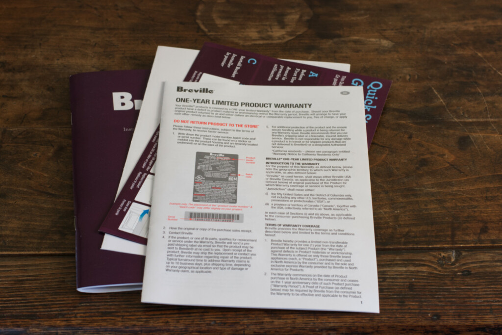 The Warranty Paper of the Breville Grind Control Coffee Maker.