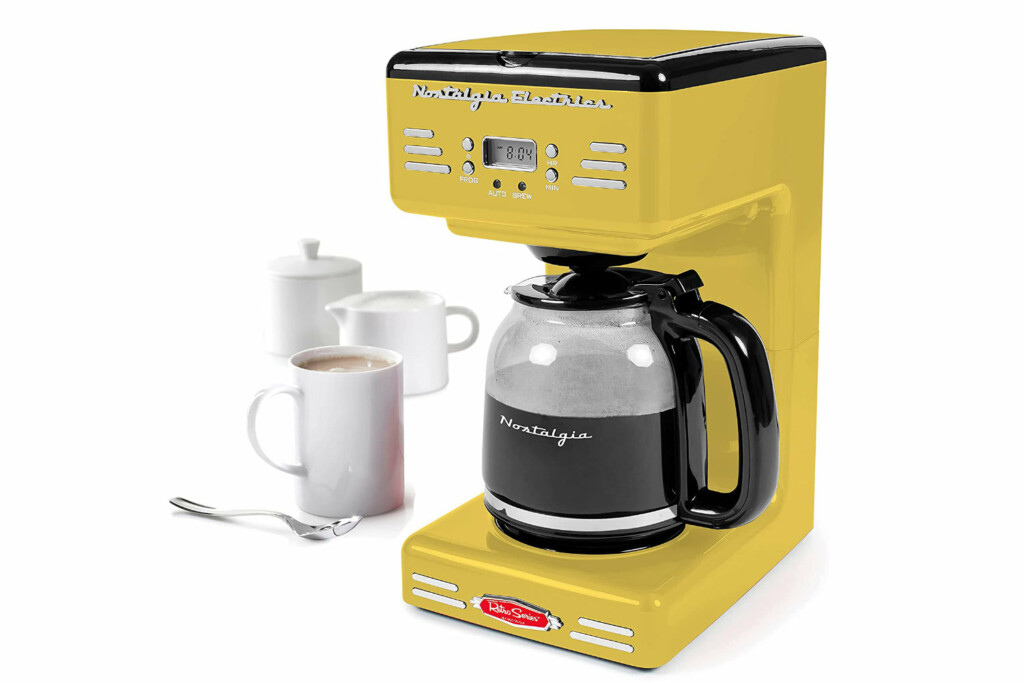 The glass carafe of the nostalgia coffee maker.