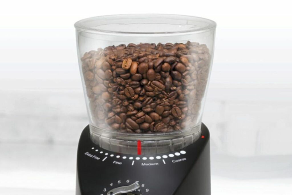 Closeup of the Capresso Infinity Plus bean hopper.