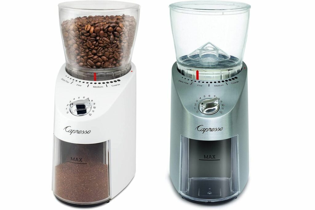 The Capresso Infinity Plus burr coffee grinder in both white and die-cast stainless steel.
