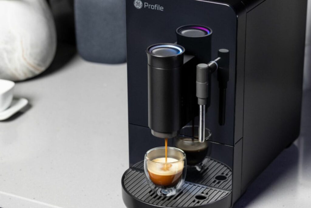 The GE Profile Automatic Espresso Machine preparing an espresso.