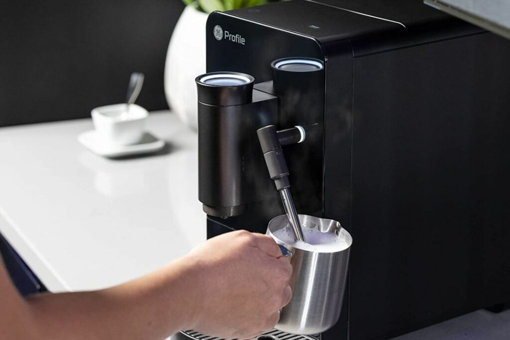 Steaming milk on the GE Profile Automatic Espresso Machine.