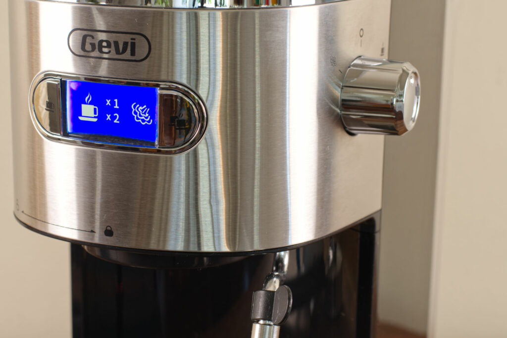 Closeup view of the Gevi 20 Bar Espresso Machine's user interface.