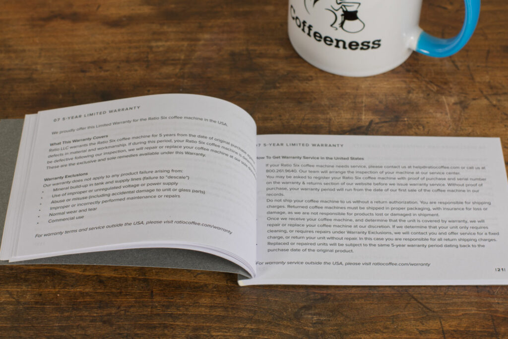 Closeup of the Ratio Six Coffee Maker's warranty.
