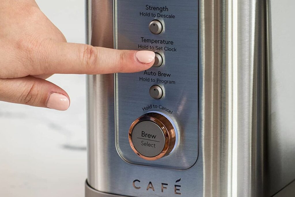 Closeup of the GE Café Specialty Drip Coffee Maker user interface