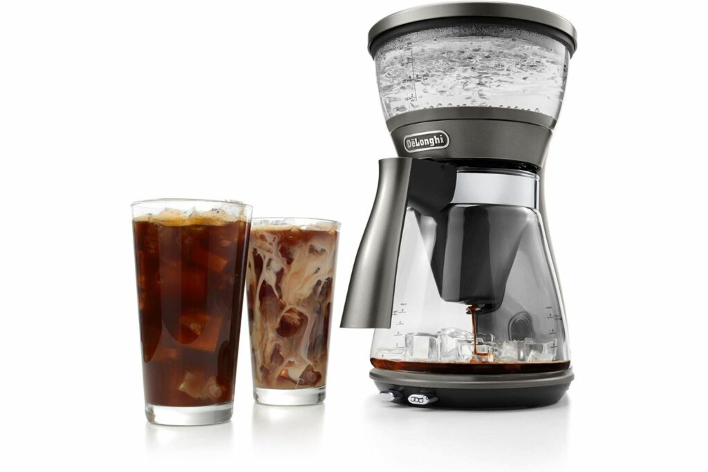 The DeLonghi 3-in1 Specialty Coffee Brewer sitting next to glasses of iced coffee.