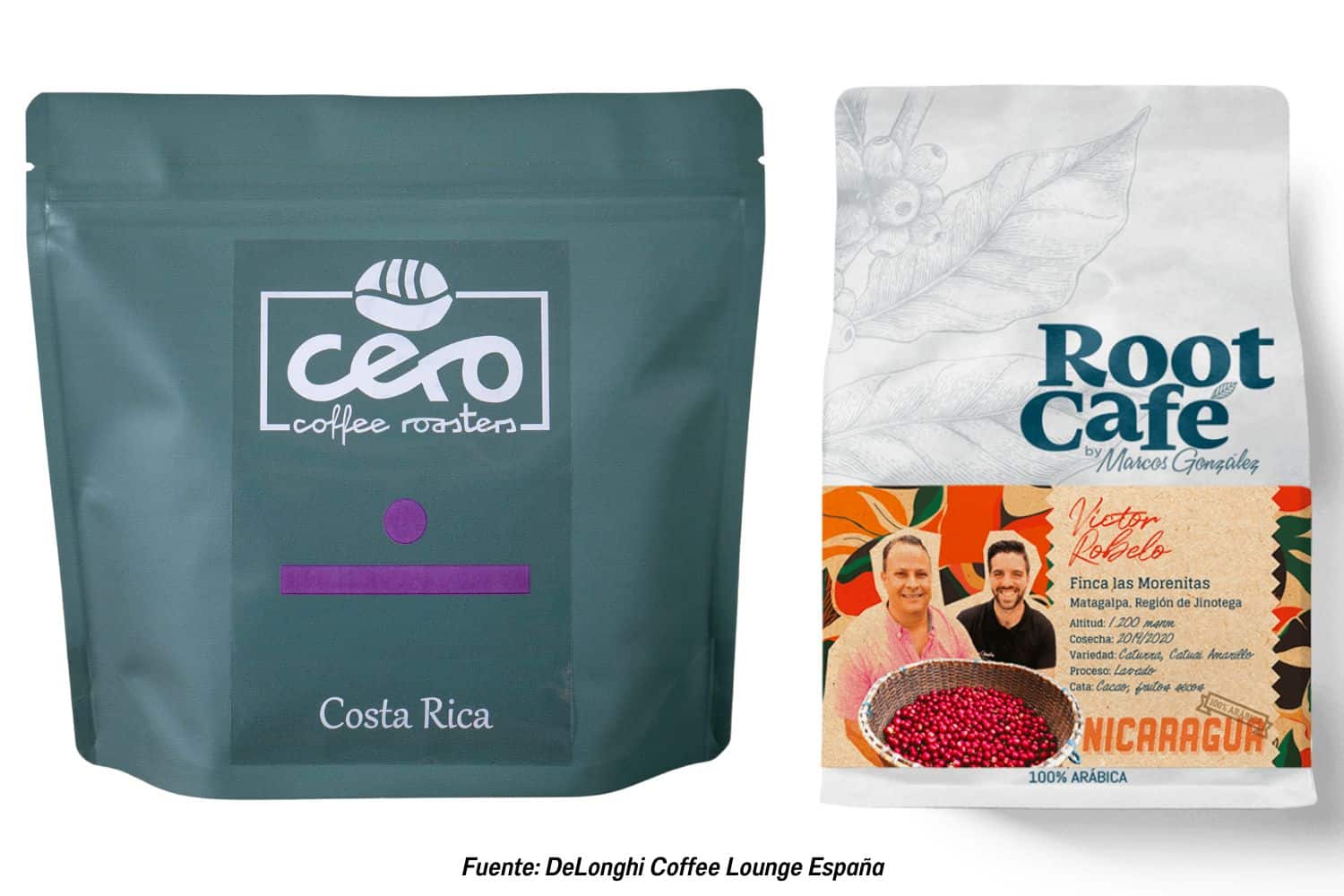 (Izquierda) Paquete de café en grano de Costa Rica de Cero Coffee Roasters en colaboración con DeLonghi.
(Derecha) Paquete de café en grano de Nicaragua de Root Café en colaboración con DeLonghi.