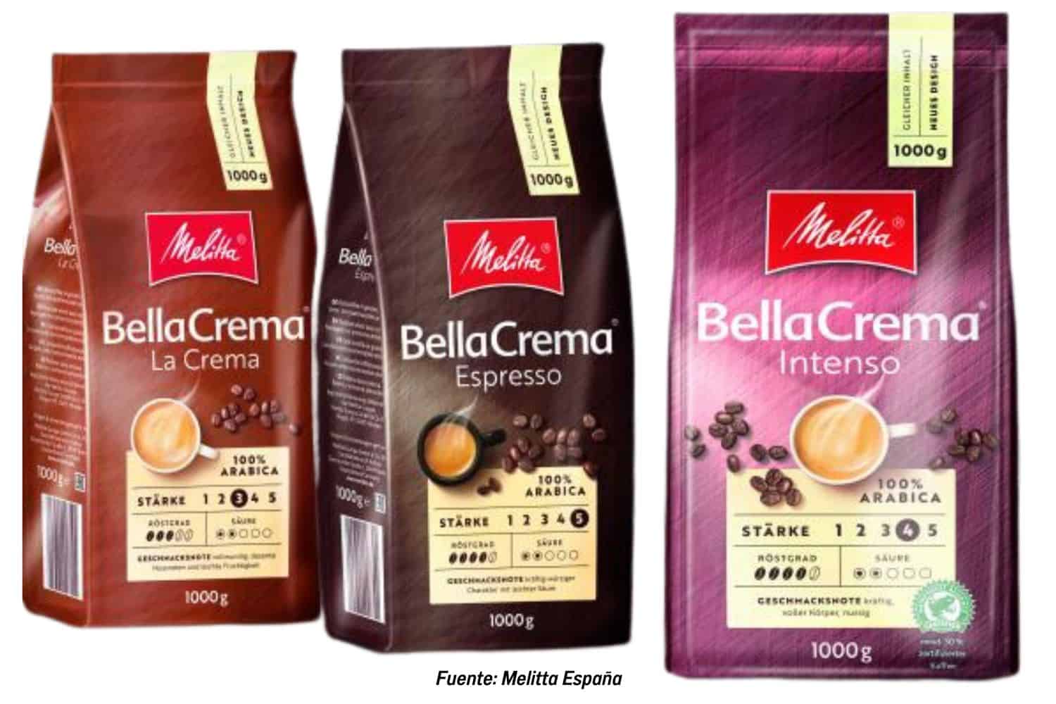 Tres paquetes de café en grano de la marca Melitta.