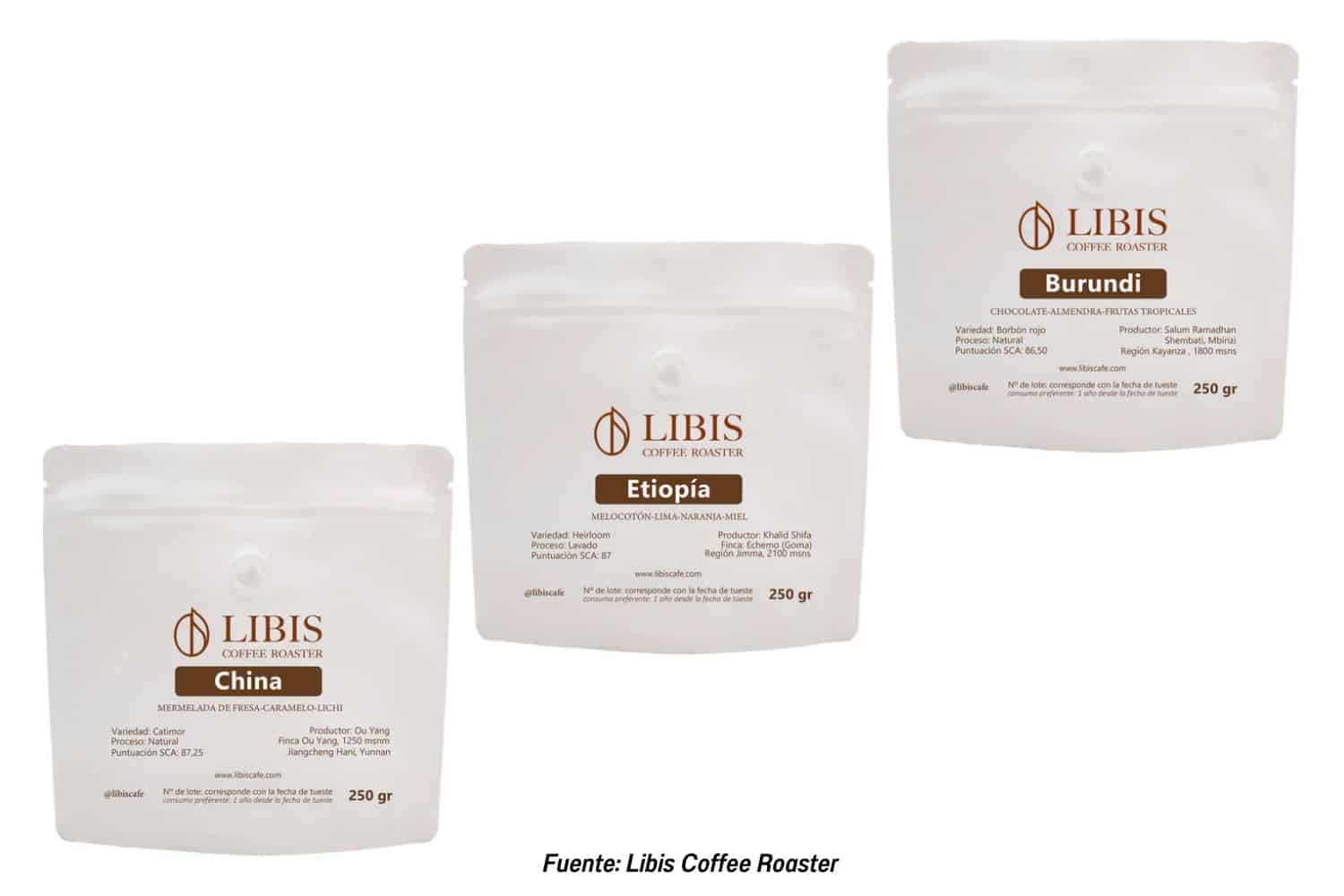 Tres paquetes de café de especialidad del tostador Libis Coffee Roaster con puntuación SCA superior a 86 puntos.