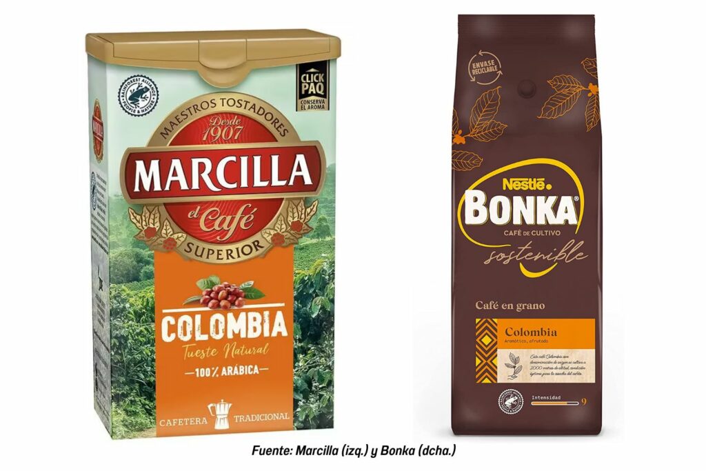 (Izquierda) Paquete de café premolido Marcilla Colombia 100 % arábica

(Derecha) Paquete de café en grano Bonka Colombia sostenible