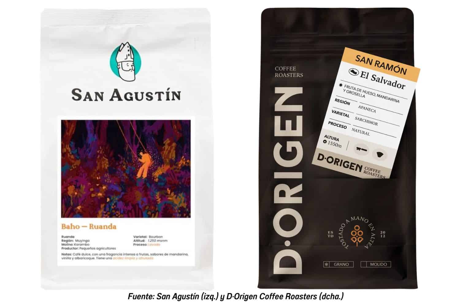 (Izquierda) Paquete de café en grano omnitueste del tostador leonés San Agustín.
(Derecha) Paquete de café en grano omnitueste del tostador alicantino D·Origen Coffee Roasters.