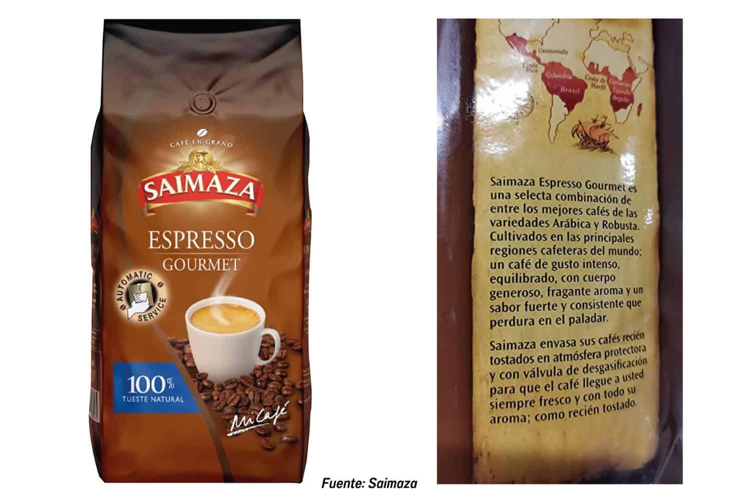 Anverso y reverso de un paquete de café en grano Saimaza Espresso Gourmet.