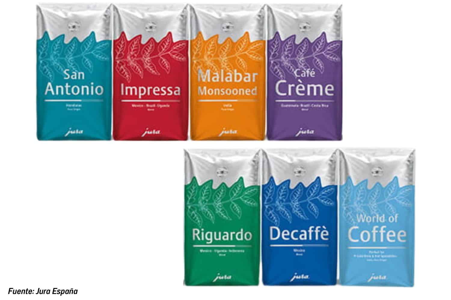 Siete paquetes de café en grano de la marca Jura.