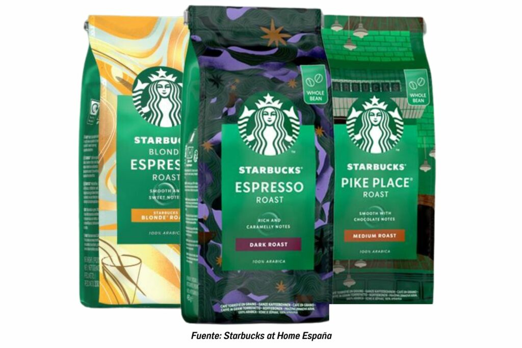 Tres paquetes de café en grano de Starbucks.