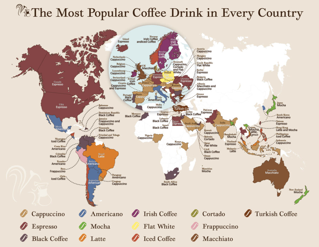 Coffeeness Map with the coffee drink preferences in each country in the world