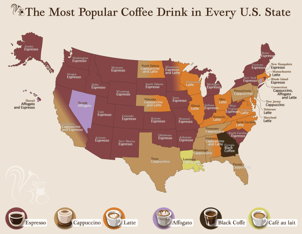 Coffeeness Map for the most popuplar coffee drinks in every us state